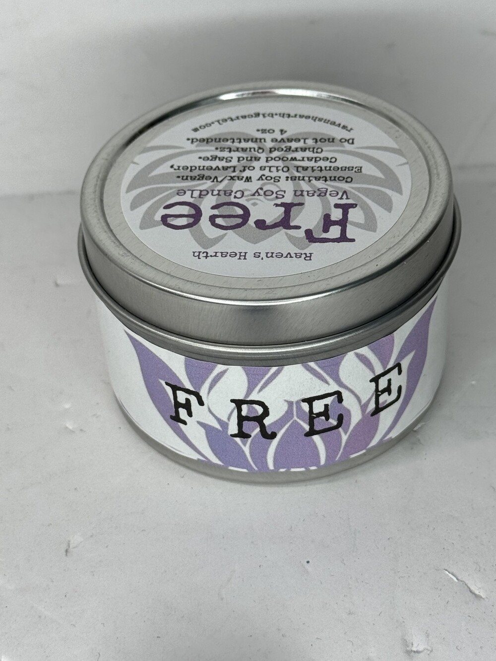 Raven's Hearth Free Vegan Soy Cleansing Candle 4oz Lavender Tin Jar Scented